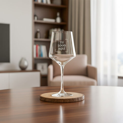 Copa de vino vidrio Tu Logo Aqui nombre Grabado y Corte Láser Soraire Design personalizada