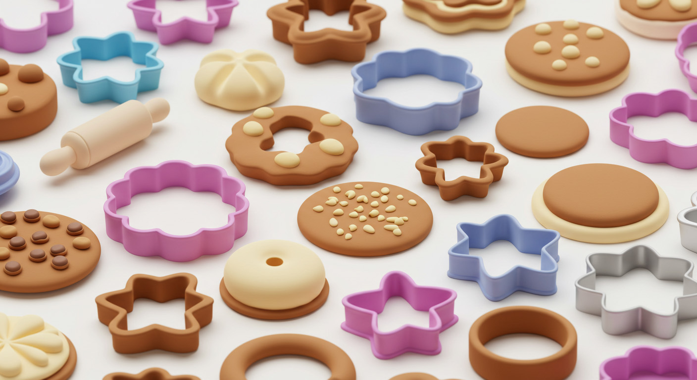 Image presentation banner category website 3d printed cookie cutters and stamps in a wooden table with some flour and some dough. No text. Different shapes and colors (2)