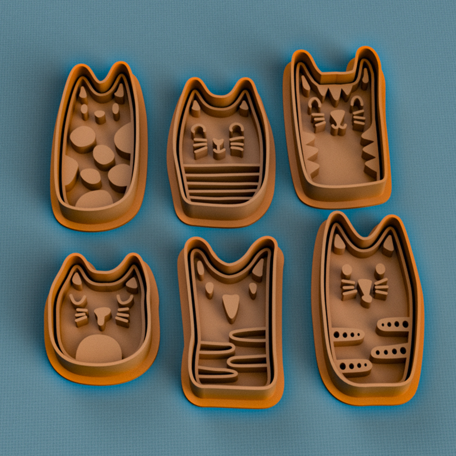 Set gatitos x6 - Cortantes y sellos Soraire Design 3D Ceramica Masa Pasteleria