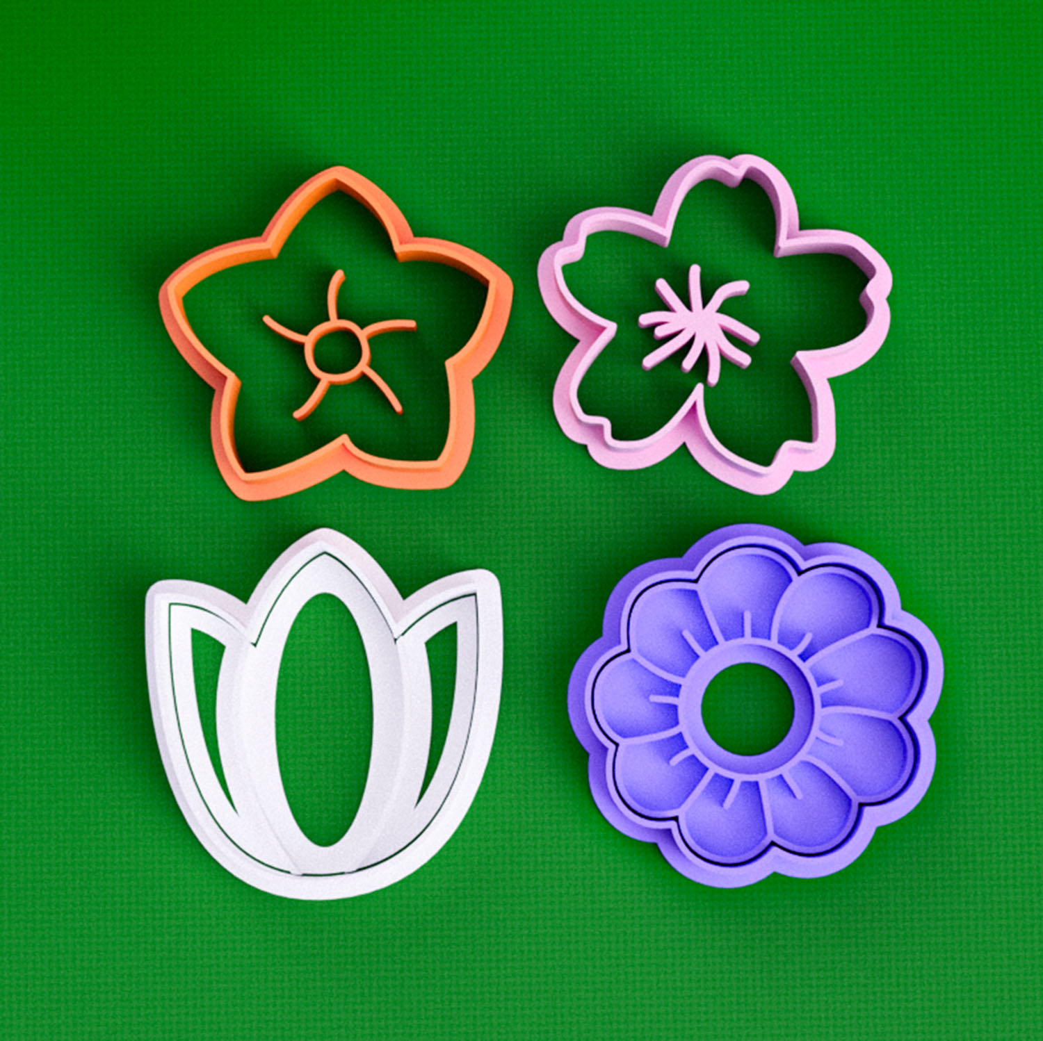 Set x4 Flores simples 5 cm - Cortantes y sellos 3D Soraire Design Ceramica Masa Pasteleria