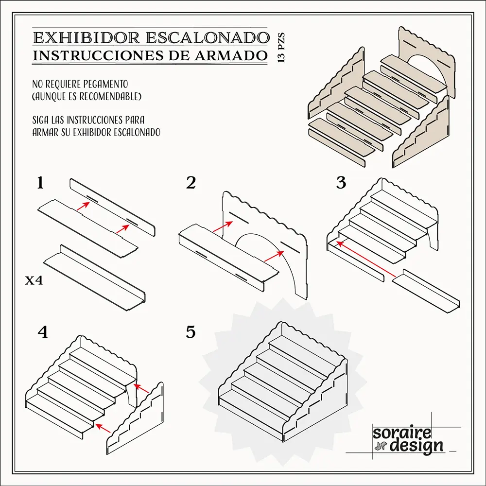 Exhibidor Escalonado Corte y grabado laser personalizado MDF Fibrofacil Plano Instrucciones de armado