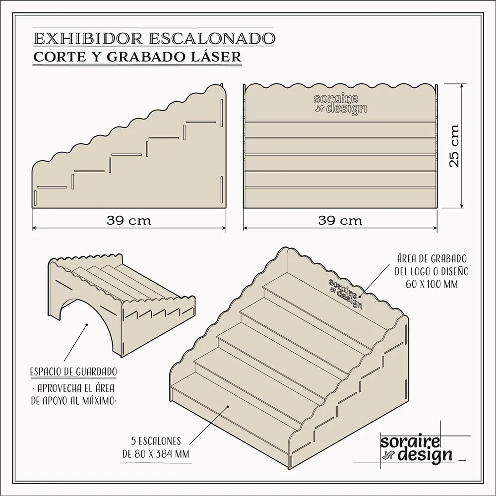 Exhibidor Escalonado Corte y grabado laser personalizado MDF Fibrofacil Plano Medidas