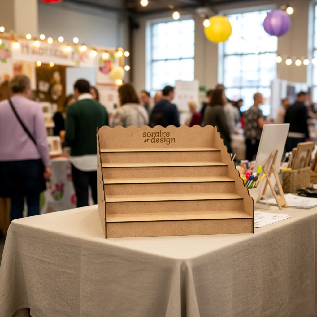 Exhibidor Escalonado MDF Fibrofacil 39 25 cm Corte y grabado laser personalizado logo ferias portatil espacio tamaño (1)