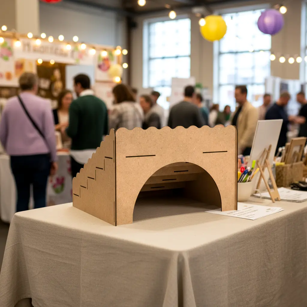 Exhibidor Escalonado MDF Fibrofacil 39 25 cm Corte y grabado laser personalizado logo ferias portatil espacio tamaño (2)