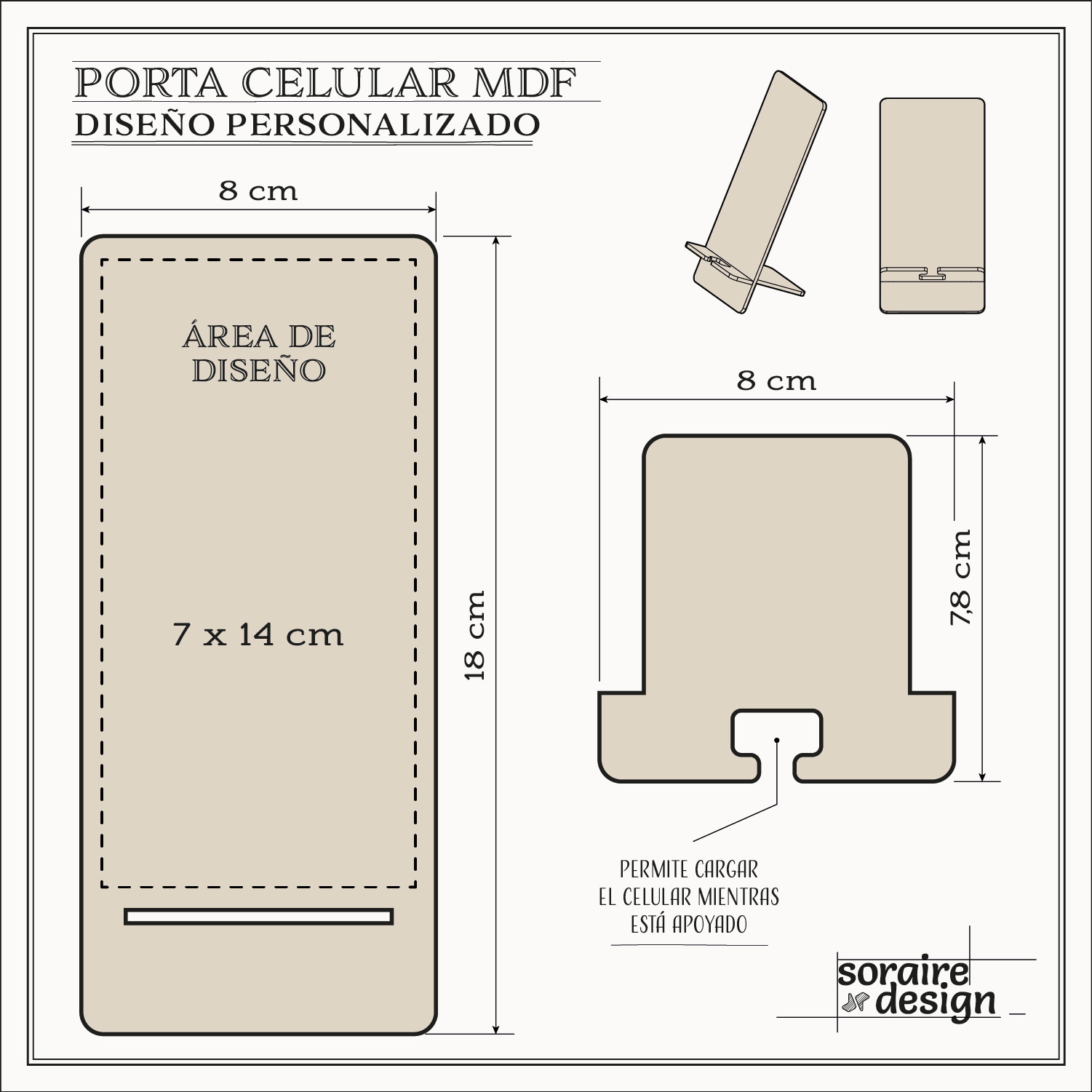 Porta celular MDF Fibrofacil Madera Corte y grabado laser personalizado DIseño Ideas Soraire Design Plano Medidas