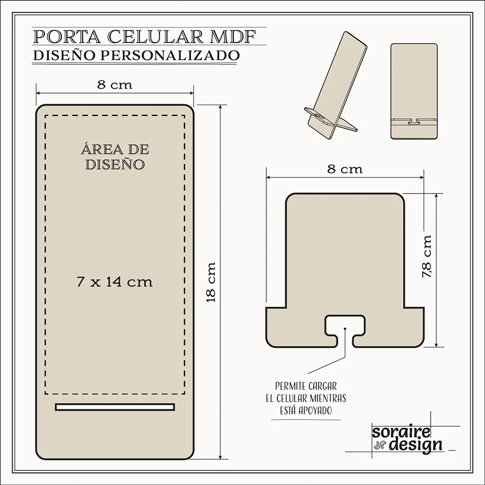 Porta celular MDF Fibrofacil Madera Corte y grabado laser personalizado DIseño Ideas Soraire Design Plano Medidas