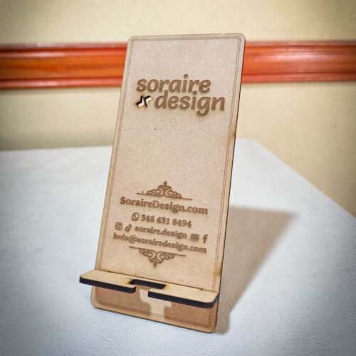 Porta celular MDF Fibrofacil Madera Corte y grabado laser personalizado DIseño Ideas Soraire Design Publicidad