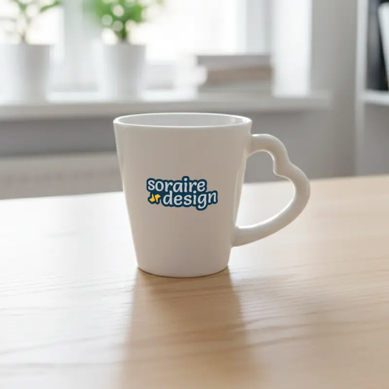 Taza cerámica blanca cónica con asa corazón Sublimada Personalizada Soraire Design Back LOGO