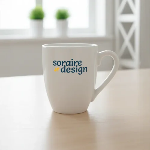 Taza cerámica blanca cónica curva Sublimada Personalizada Soraire Design Back LOGO