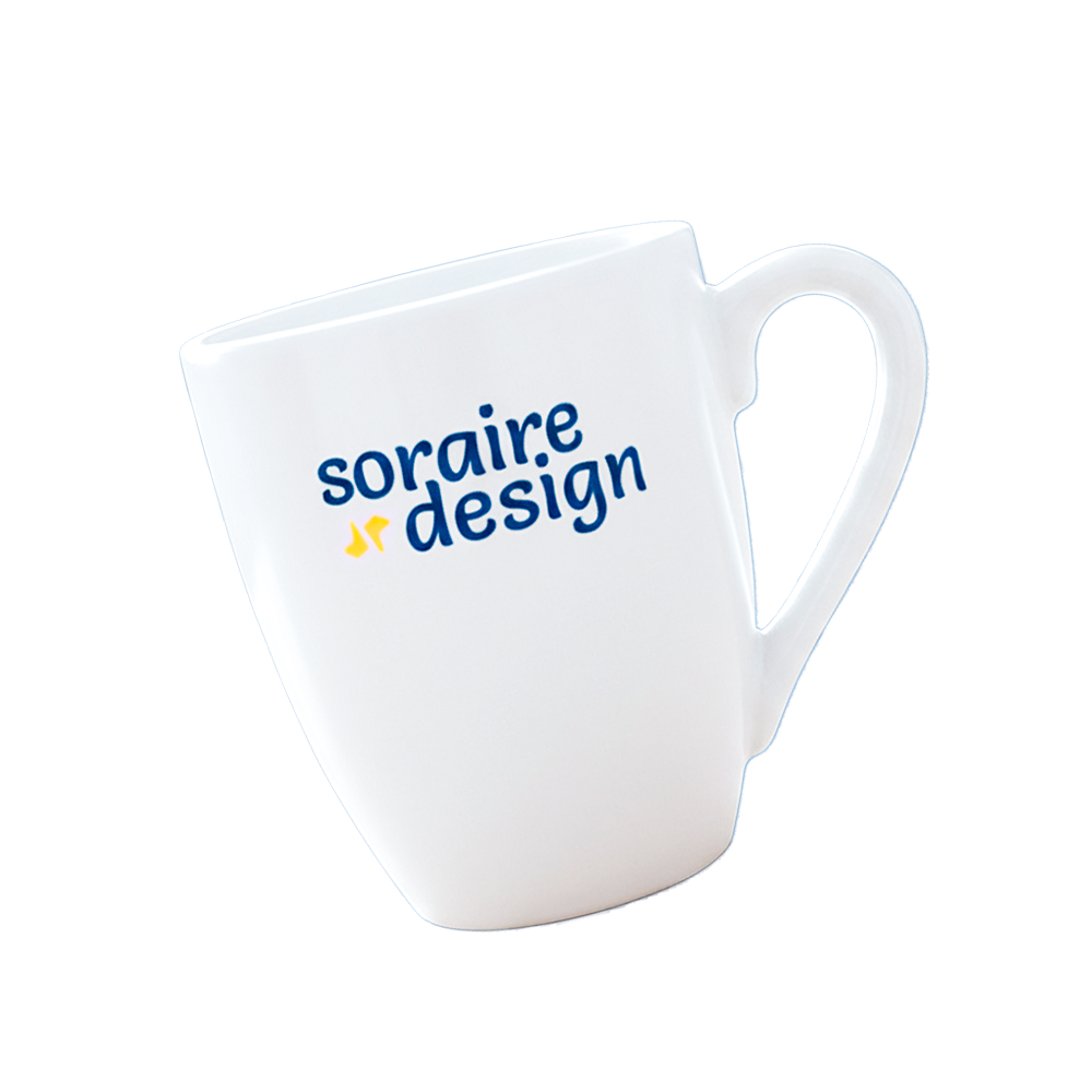 Taza cerámica blanca cónica curva Sublimada Personalizada Soraire Design Back LOGO SIN FONDO
