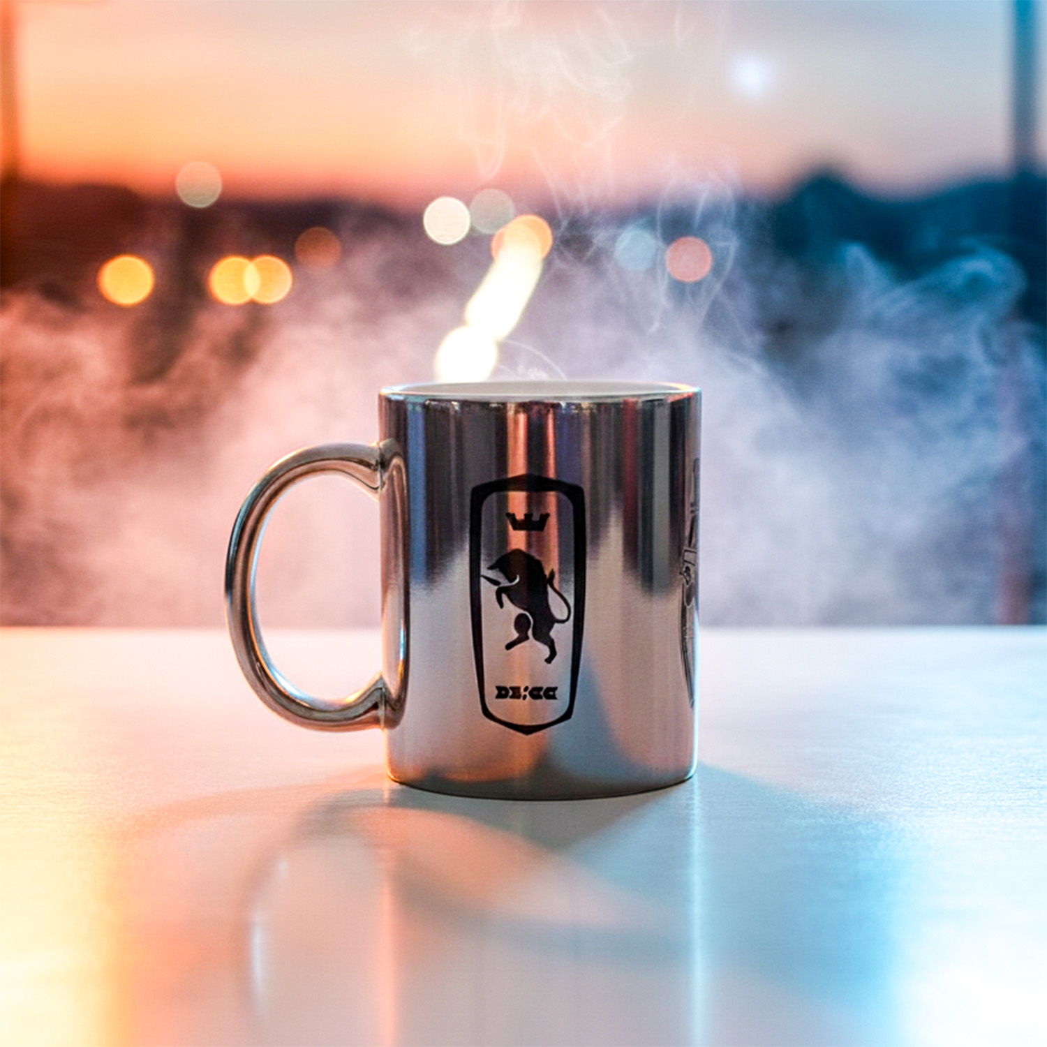 Taza cerámica recta metalizada Plata Sublimada Personalizada Soraire Design Tornino Logo