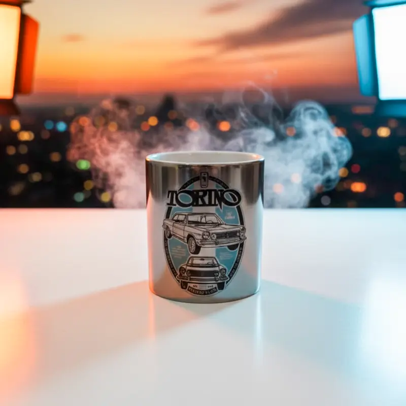 Taza cerámica recta metalizada Plata Sublimada Personalizada Soraire Design Tornino Logo.