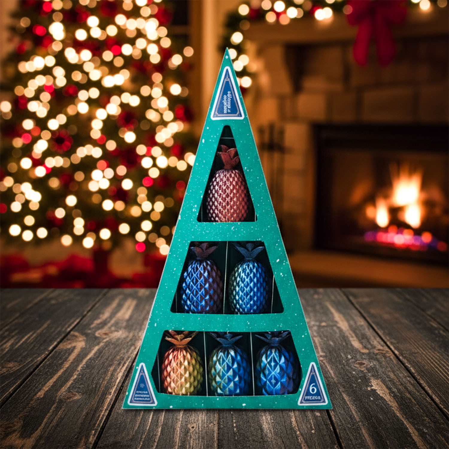 Set Ananás Ornamentos (x6) Soraire Design Adornos Navideños Navidad en caja Azul Rojo Oro