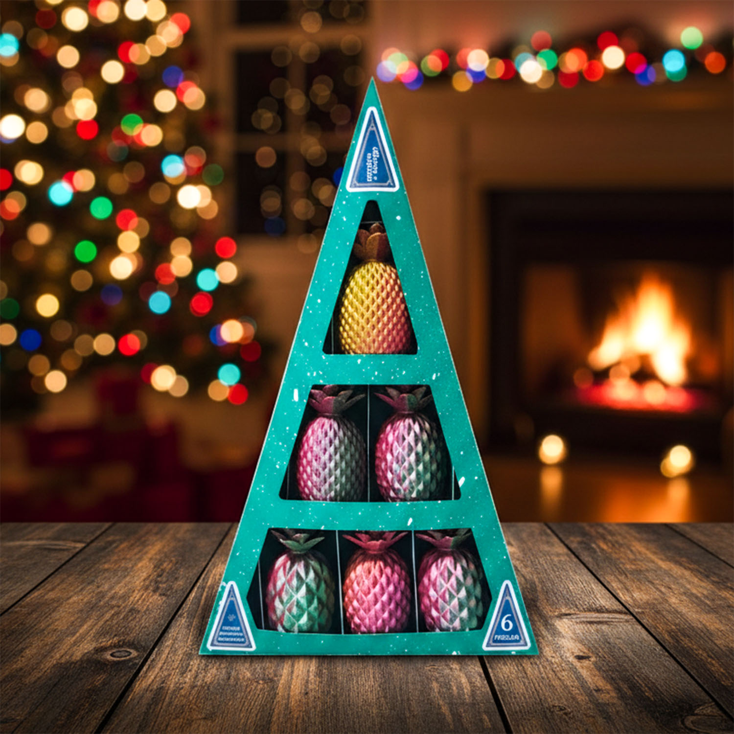 Set Ananás Ornamentos (x6) Soraire Design Adornos Navideños Navidad en caja Fucsia Verde Oro (1)