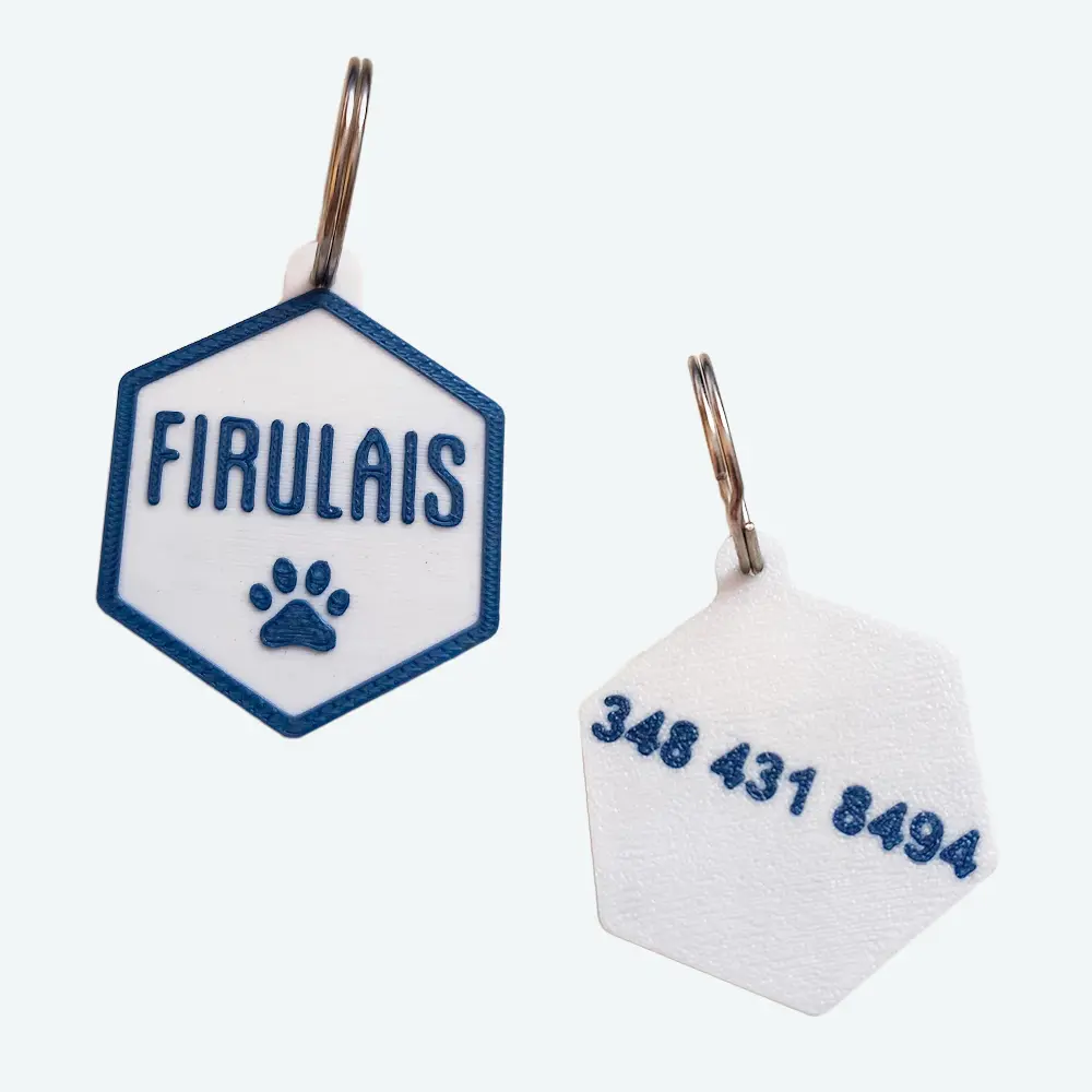 Chapita para Mascotas 3D Impresion Soraire Design Hexagono - 40x45mm Adelante