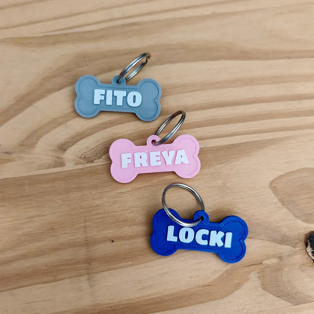 Chapita para Mascotas 3D Impresion Soraire Design Hueso - 50x27mm Adelante Fito Freya Locki