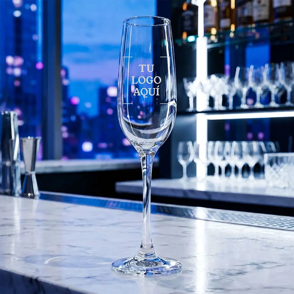 Copa de vino vidrio Tu Logo Aqui nombre Grabado y Corte Láser Soraire Design personalizada Copa Champagne Slim (180 ml) – Grabado personalizado