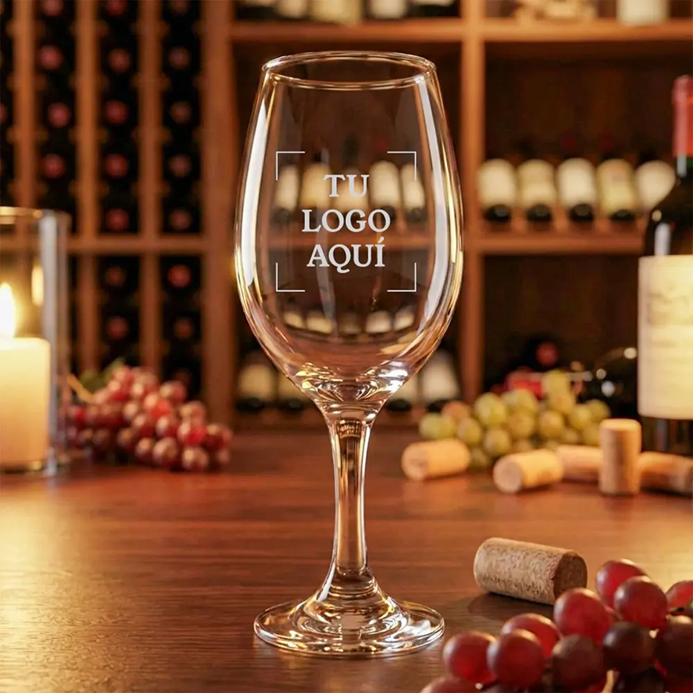 Copa de vino vidrio Tu Logo Aqui nombre Grabado y Corte Láser Soraire Design personalizada Copa de Vino Clásica (384 ml) – Grabado personalizado