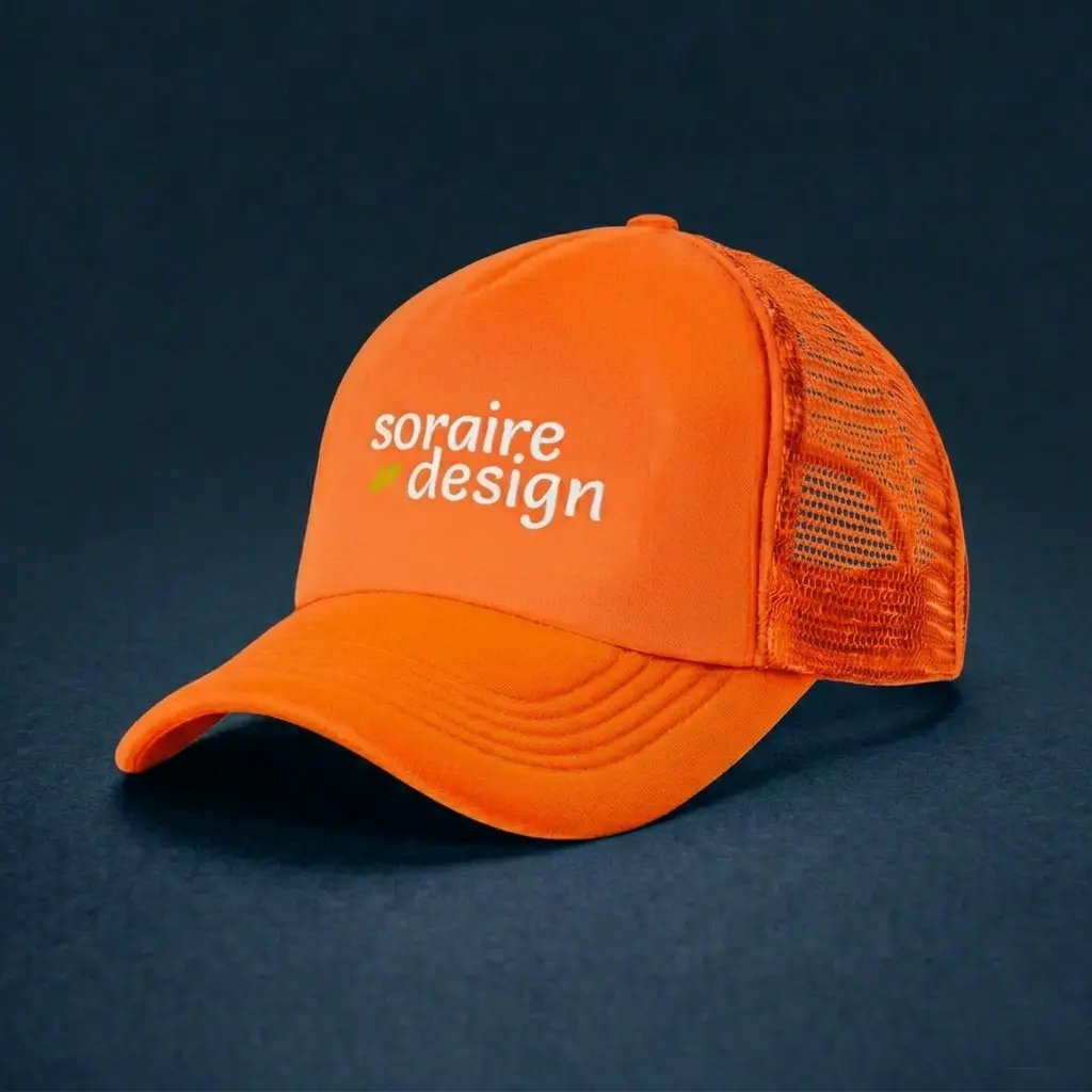 Gorra de Malla Trucker Sublimada Naranja Pleno Personalizada Soraire Design LOGO