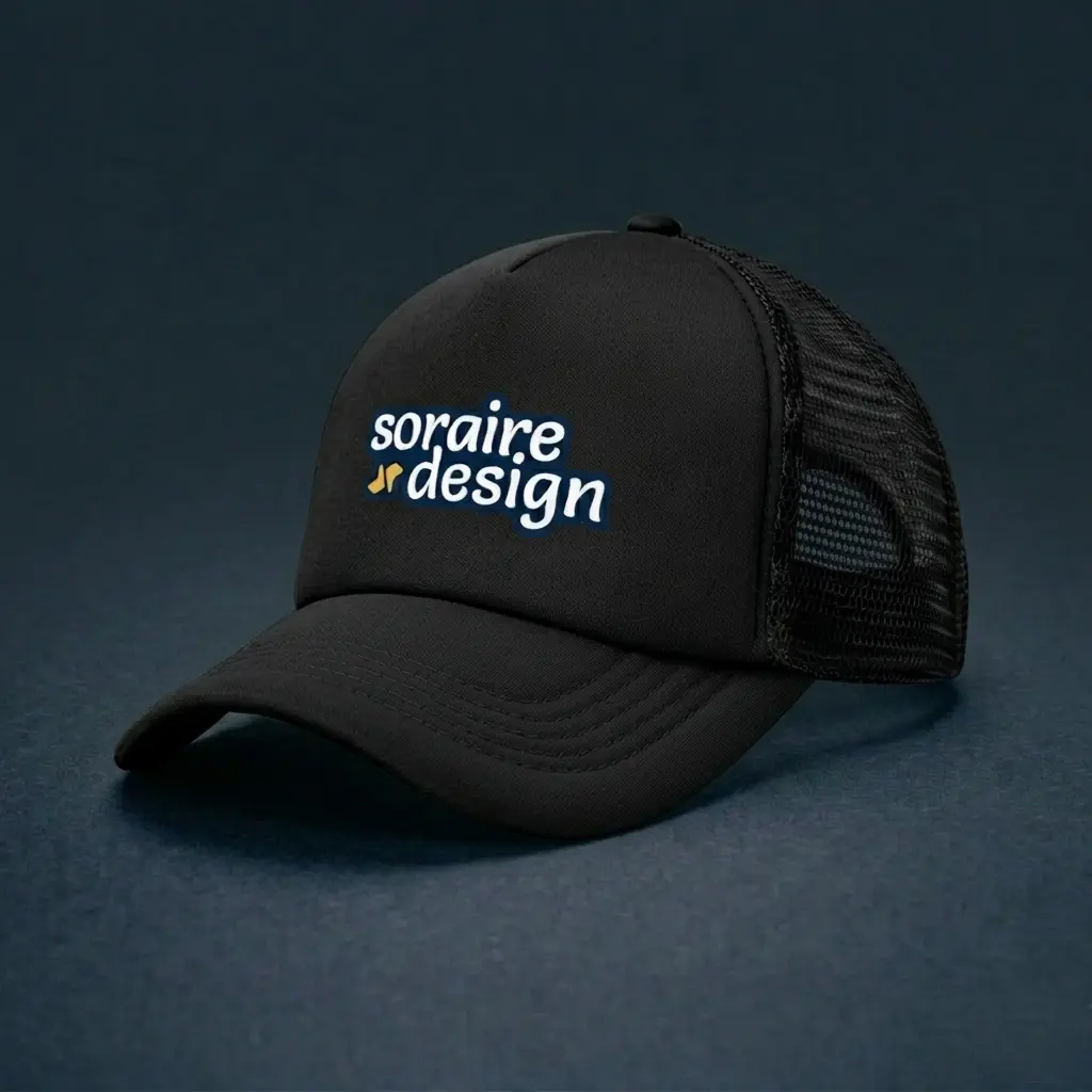 Gorra de Malla Trucker Sublimada Negro Pleno Personalizada Soraire Design LOGO
