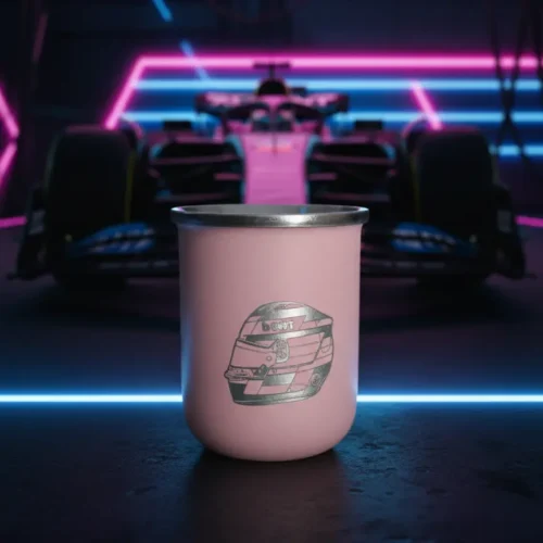 Mate termico grabado personalizado COlapinto Alpine F1 A626 Soraire Design Laser rosa metal con auto