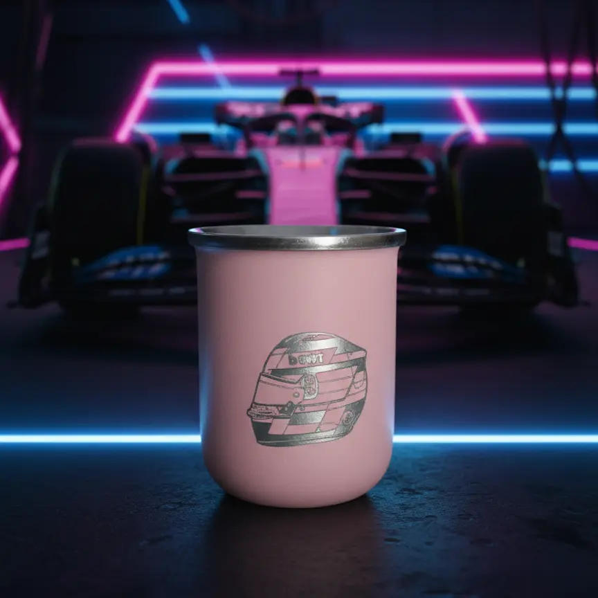 Mate termico grabado personalizado COlapinto Alpine F1 A626 Soraire Design Laser rosa metal con auto