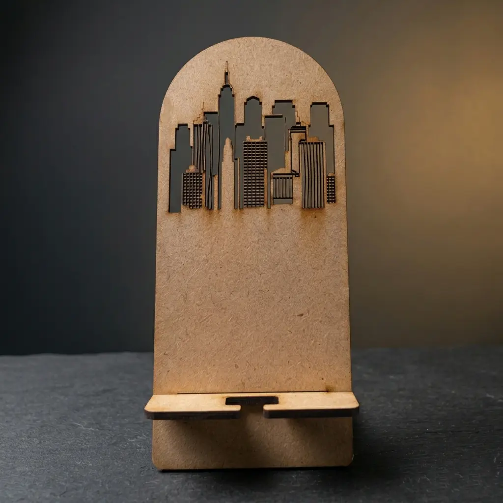 Porta celular MDF Fibrofacil Madera Corte y grabado laser personalizado DIseño Ideas Soraire Design Publicidad Ciudad