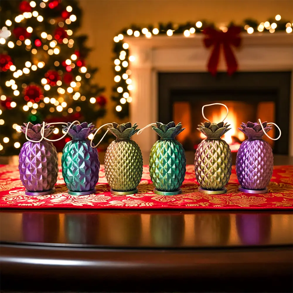 Set Ananás Ornamentos (x6) Soraire Design Adornos Navideños Navidad Color Violeta Verde Oro